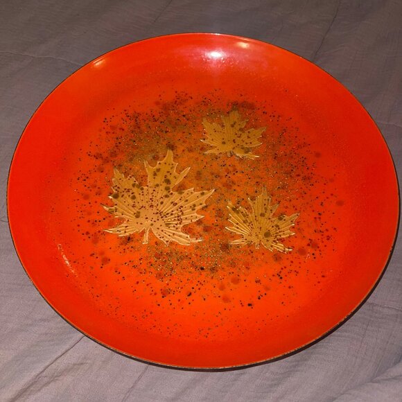 Curtis Jere Vintage MCM Art Bowl Artisan House Enamel Copper Maple Leaf Large - Picture 2 of 10